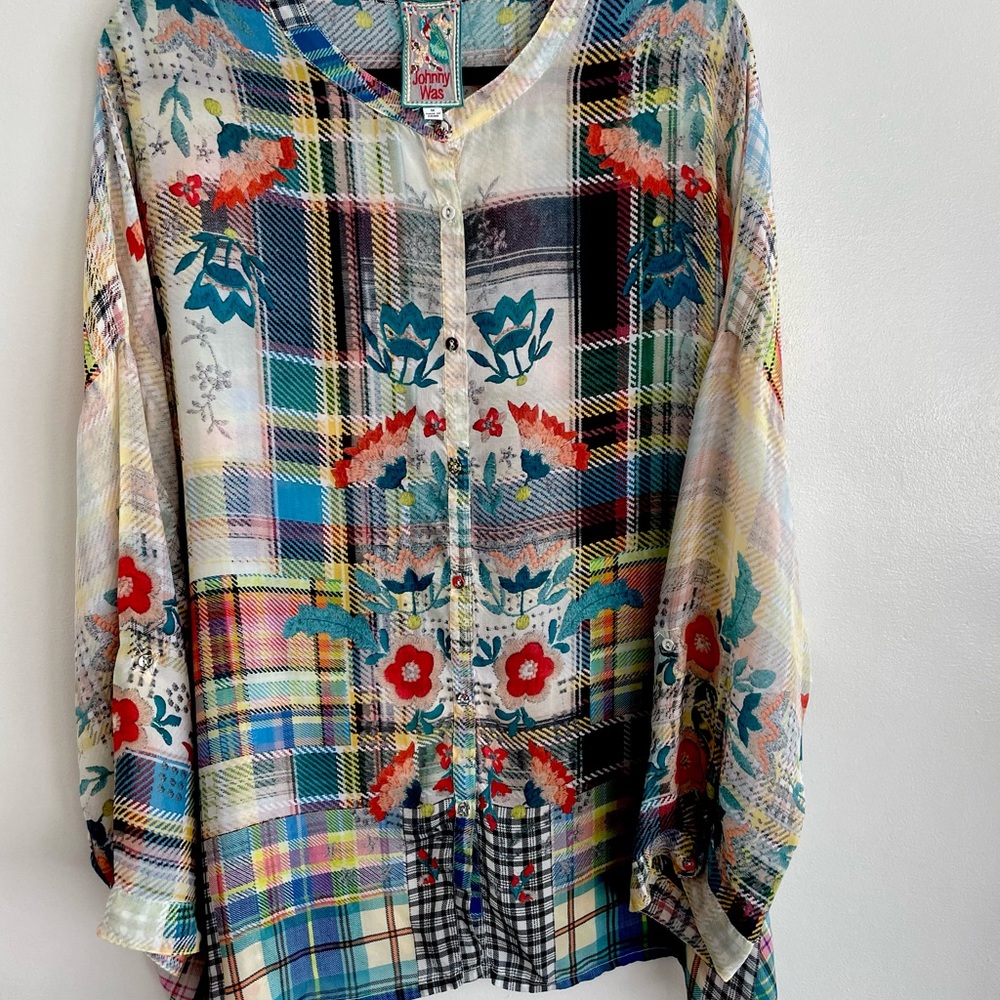 Johnny Was Button Down Silk Patchwork Blouse.  Multi-Colour, Floral.